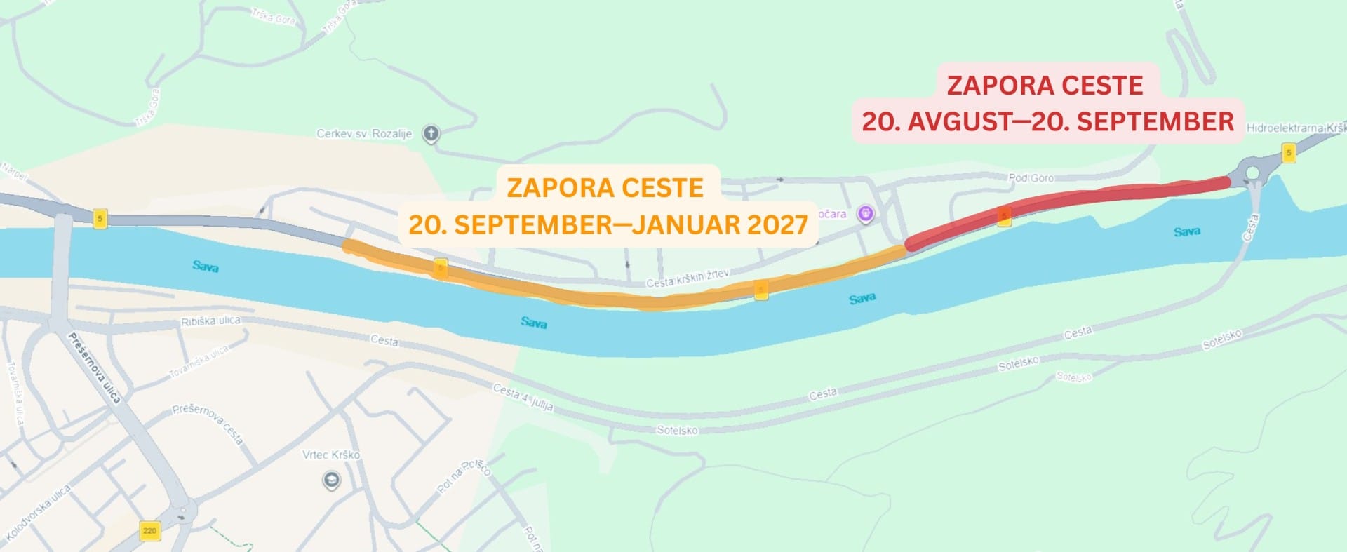 Popolna zapora ceste G1-5 od HE Krško do križišča za Hočevarjev trg